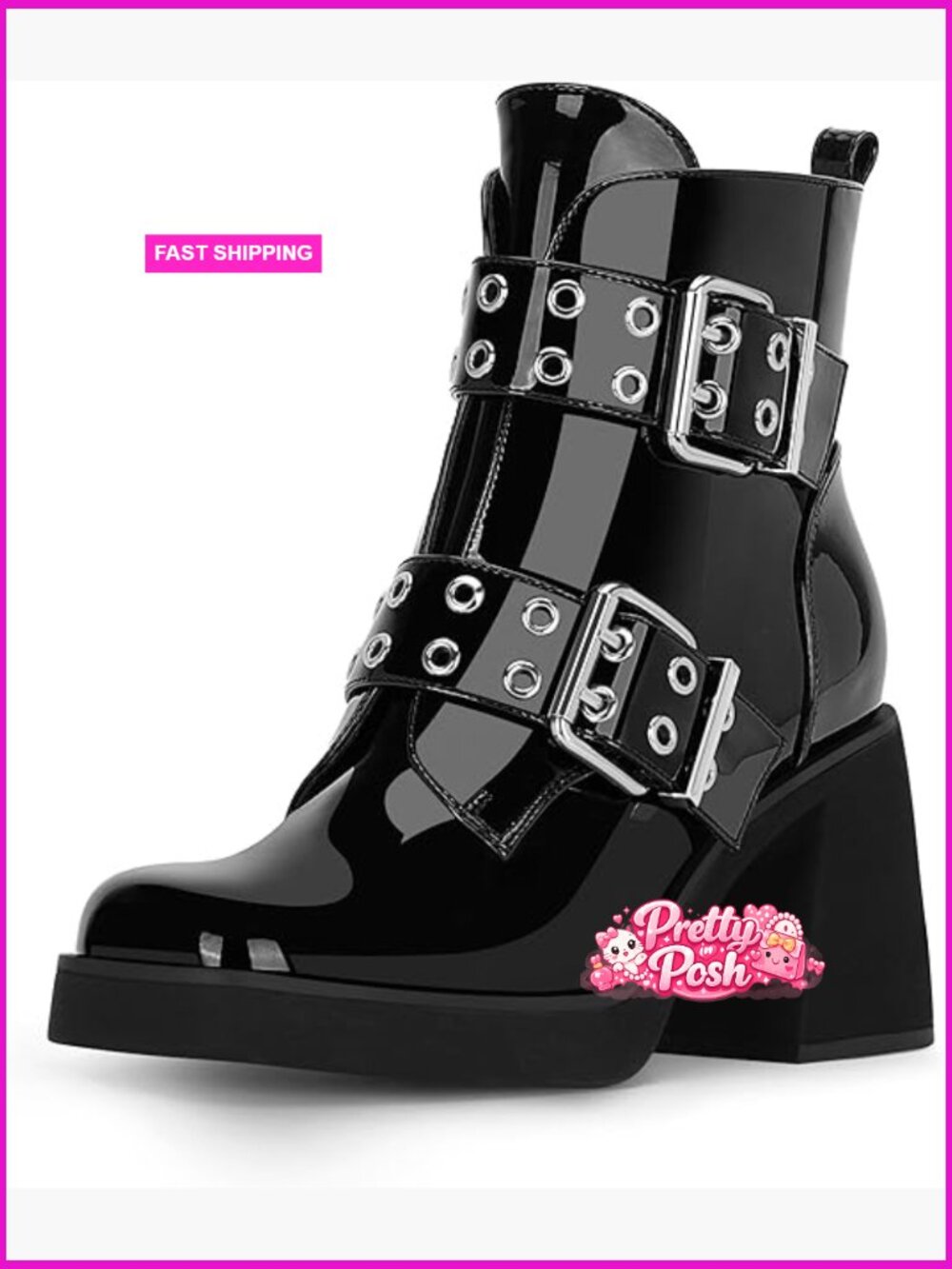 Patent Leather Platform Chunky Heel Buckle Ankle Boots Side Zip Booties